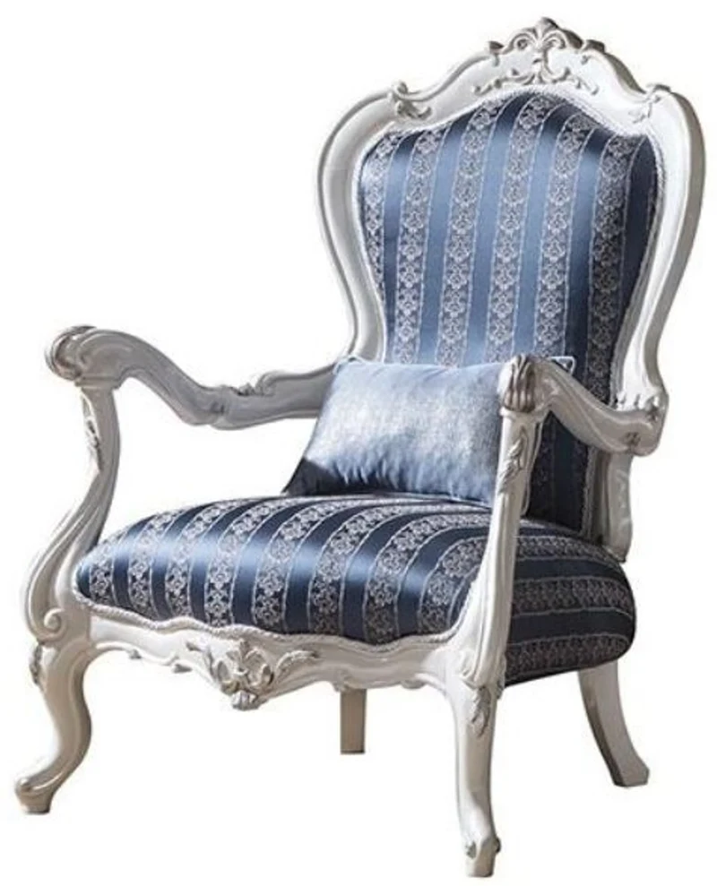 Casa Padrino Luxus Barock Wohnzimmer Sessel mit dekorativem Kissen Blau / Weiß / Silber 80 x 75 x H. 120 cm - Prunkvolle Barock Möbel