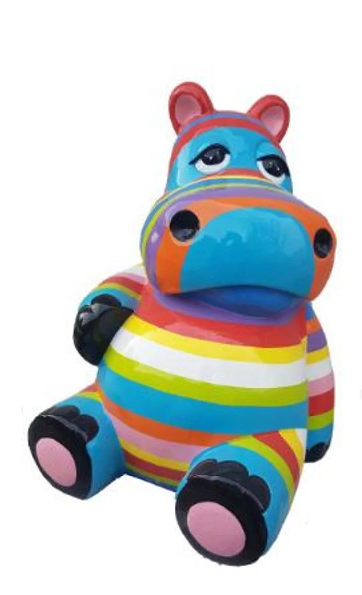Casa Padrino Designer Deko Skulptur Sitzendes Nilpferd Mehrfarbig Gestreift H. 48 cm - Wetterbeständige Dekofigur - Wohnzimmer Deko - Garten Deko - Terrassen Deko