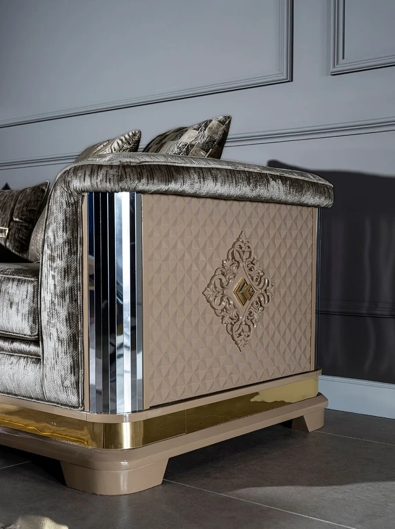 Casa Padrino Luxus Art Deco Sofa Silber / Schwarz / Beige / Gold 249 x 93 x H. 72 cm - Wohnzimmer Sofa mit dekorativen Kissen - Art Deco Wohnzimmer Möbel