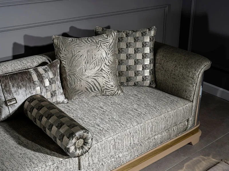 Casa Padrino Luxus Art Deco Sofa Silber / Schwarz / Beige / Gold 249 x 93 x H. 72 cm - Wohnzimmer Sofa mit dekorativen Kissen - Art Deco Wohnzimmer Möbel