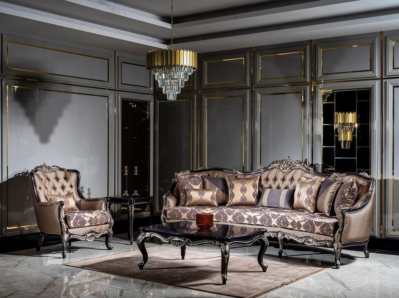 Casa Padrino Luxus Barock Wohnzimmer Set Gold / Lila - 2 Sofas & 2 Sessel & 1 Couchtisch - Handgefertigte Wohnzimmer Möbel im Barockstil - Edel & Prunkvoll