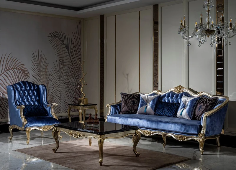 Casa Padrino Luxus Barock Wohnzimmer Set Blau / Silber / Gold - 2 Sofas & 2 Sessel & 1 Couchtisch - Prunkvolle Wohnzimmer Möbel im Barockstil
