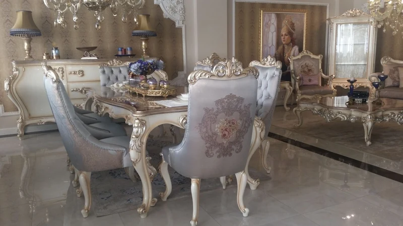Casa Padrino Luxus Barock Esszimmerstuhl Set Silber / Creme / Gold - 6 Küchen Stühle im Barockstil - Barock Esszimmer Möbel