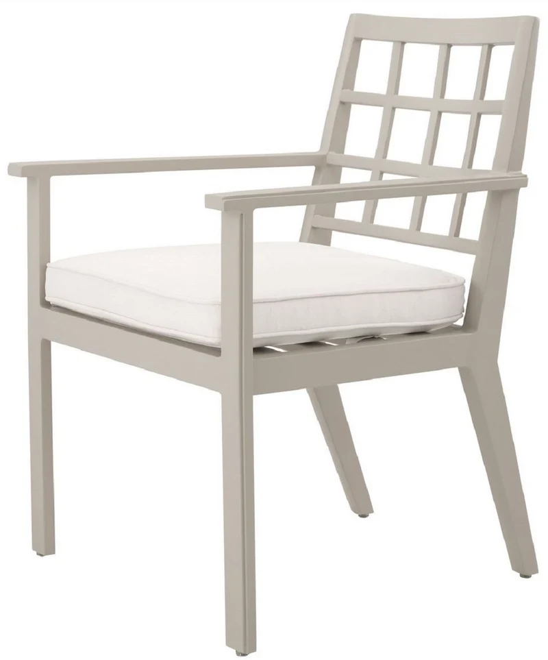 Casa Padrino Luxus Esszimmerstuhl mit Armlehnen Sandfarben / Weiß 64,5 x 65 x H. 88,5 cm - Wetterbeständiger Aluminium Stuhl mit Sitzkissen - Garten Terrassen Stuhl - Luxus Qualität