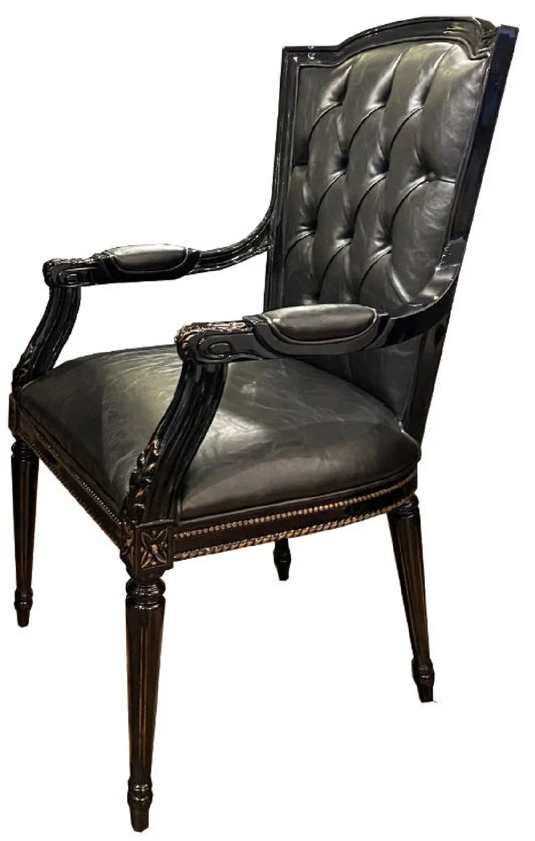 Casa Padrino Luxus Barock Esszimmer Set Schwarz / Gold - 1 Esstisch mit Glasplatte & 6 Esszimmerstühle - Edle Esszimmer Möbel im Barockstil