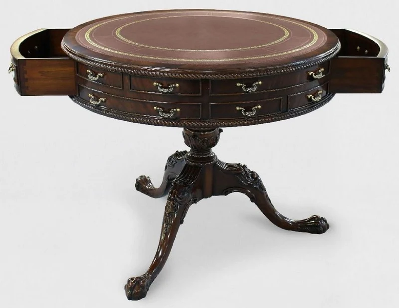 Casa Padrino Luxus Barock Beistelltisch Braun / Gold Ø 91 x H. 76 cm - Runder Mahagoni Tisch mit 14 Schubladen und Echtleder - Barock Mahagoni Möbel
