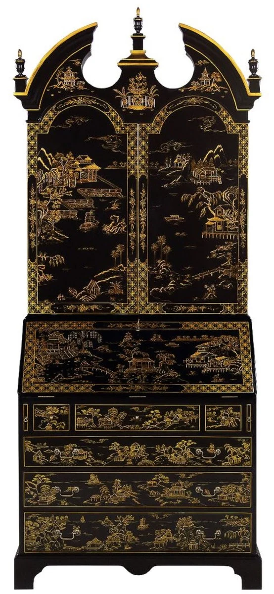 Casa Padrino Luxus Barock Sekretär Schreibtisch Schrank im chinesischen Stil Schwarz / Gold 104 x 58 x H. 238 cm - Prunkvoller Massivholz Büroschrank - Edle Barock Büromöbel