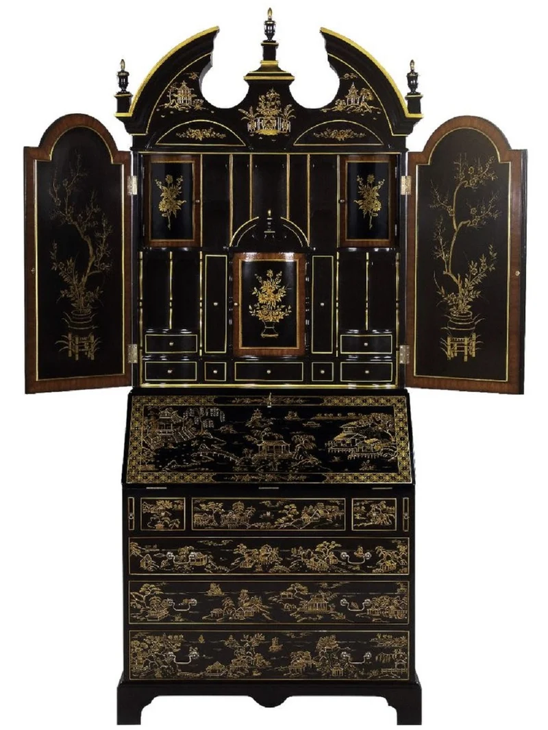 Casa Padrino Luxus Barock Sekretär Schreibtisch Schrank im chinesischen Stil Schwarz / Gold 104 x 58 x H. 238 cm - Prunkvoller Massivholz Büroschrank - Edle Barock Büromöbel