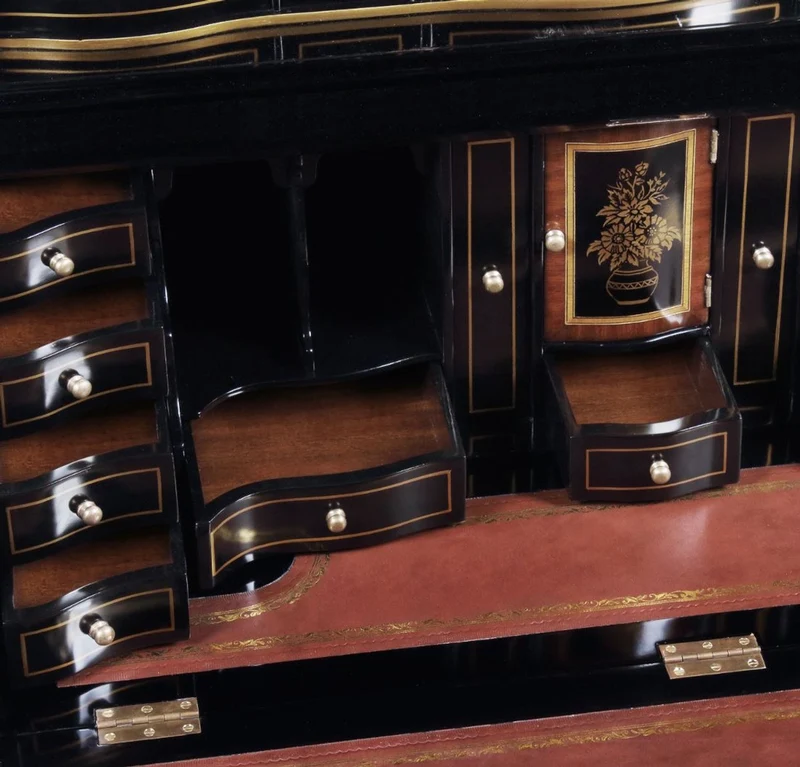 Casa Padrino Luxus Barock Sekretär Schreibtisch Schrank im chinesischen Stil Schwarz / Gold 104 x 58 x H. 238 cm - Prunkvoller Massivholz Büroschrank - Edle Barock Büromöbel