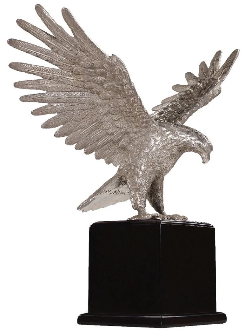 Casa Padrino Luxus Bronzefigur Adler Silber / Schwarz 40 x 20 x H. 37 cm - Versilberte Bronze Skulptur mit Sockel - Schreibtisch Deko - Wohnzimmer Deko - Luxus Qualität