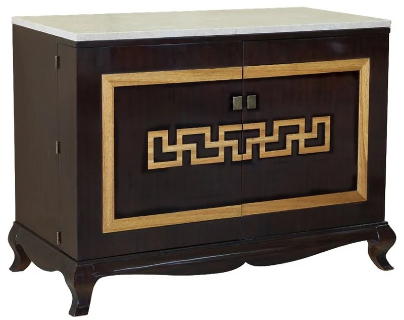 Casa Padrino Luxus Barock Likörschrank Schwarz / Naturfarben / Creme 110 x 55 x H. 87 cm - Massivholz Barschrank - Schnapsschrank mit Marmorplatte - Bar Möbel im Barockstil