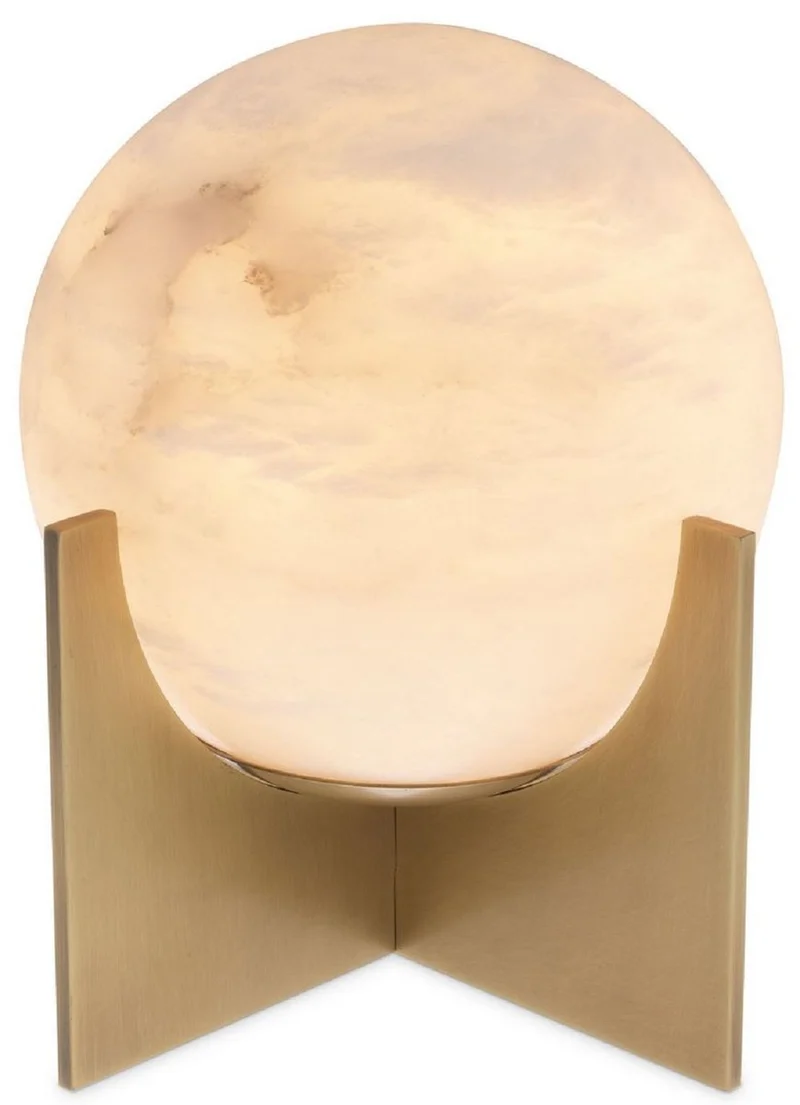 Casa Padrino Luxus Tischleuchte Antik Messing / Alabaster Ø 23 x H. 25 cm - Moderne Tischlampe mit rundem Alabaster Lampenschirm - Luxus Leuchten