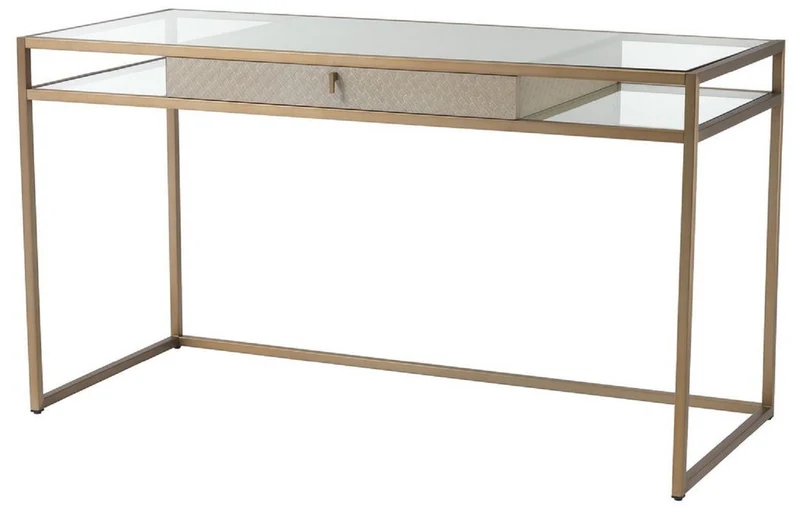 Casa Padrino Luxus Schreibtisch Creme / Messing 135 x 60 x H. 75,5 cm - Bürotisch mit Schublade - Luxus Büromöbel - Luxus Qualität