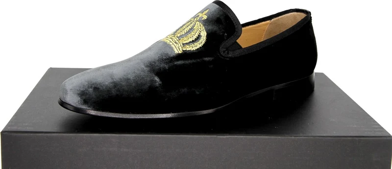 Pompöös by Casa Padrino Luxus Samt Slipper mit Krone Silber Anthrazit / Gold - Verschiedene Schuhgrößen - designed by Harald Glööckler