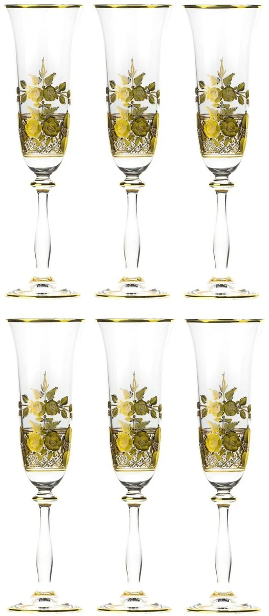 Casa Padrino Luxus Barock Champagnerglas 6er Set Gold Ø 7 x H. 24,5 cm - Handgefertigte und handgravierte Champagnergläser - Hotel & Restaurant Accessoires - Luxus Qualität