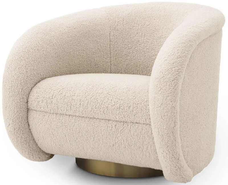 Casa Padrino Luxus Drehsessel Creme / Messingfarben 83 x 80 x H. 75 cm - Wohnzimmer Sessel mit Kunstfell - Wohnzimmer Möbel - Luxus Kollektion