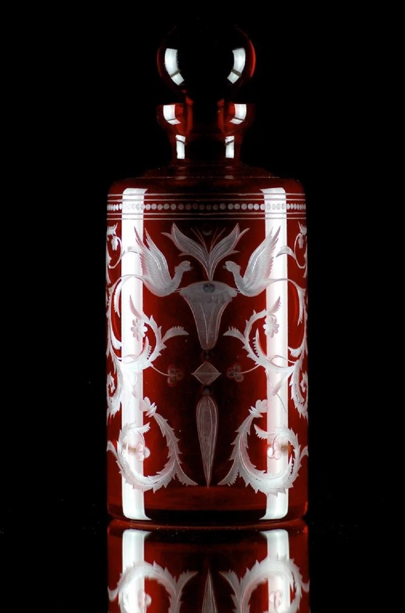 Casa Padrino Luxus Whisky Karaffe Rot / Silber Ø 12,5 x H. 20 cm - Mundgeblasene und handgravierte Glas Karaffe - Hotel & Restaurant Accessoires - Luxus Qualität