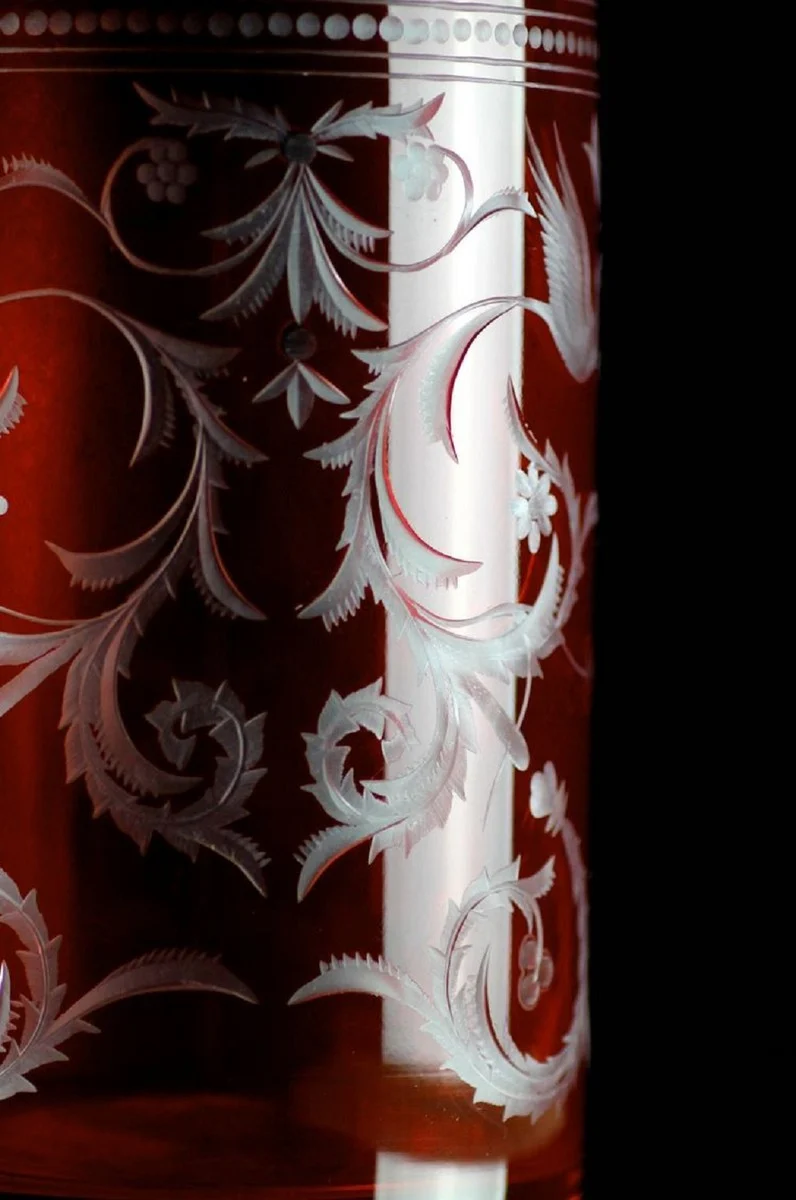 Casa Padrino Luxus Whisky Karaffe Rot / Silber Ø 12,5 x H. 20 cm - Mundgeblasene und handgravierte Glas Karaffe - Hotel & Restaurant Accessoires - Luxus Qualität