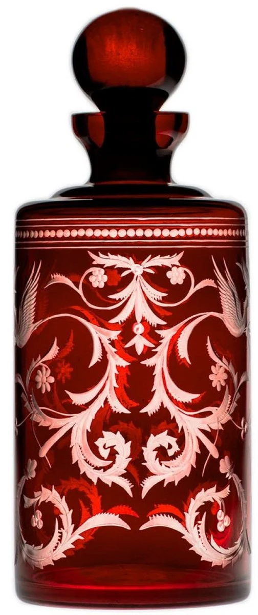 Casa Padrino Luxus Whisky Karaffe Rot / Silber Ø 12,5 x H. 20 cm - Mundgeblasene und handgravierte Glas Karaffe - Hotel & Restaurant Accessoires - Luxus Qualität