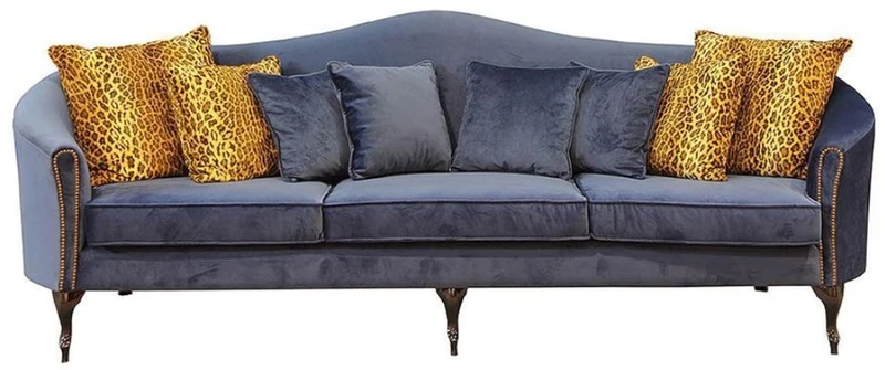 Casa Padrino Luxus Barock Samt Sofa Blau / Dunkelbraun 280 x 90 x H. 100 cm - Edles Wohnzimmer Sofa mit dekorativen Kissen - Barock Wohnzimmer Möbel - Luxus Qualität