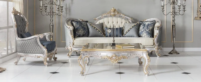 Casa Padrino Luxus Barock Wohnzimmer Sofa mit dekorativen Kissen Creme / Blau / Silber / Gold 250 x 95 x H. 125 cm - Edel & Prunkvoll