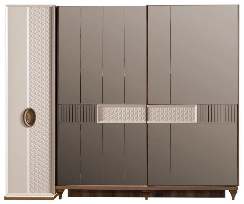 Casa Padrino Luxus Art Deco Schlafzimmerschrank Weiß / Braun 261 x 73 x H. 221 cm - Verspiegelter Massivholz Kleiderschrank - Art Deco Schlafzimmer Möbel