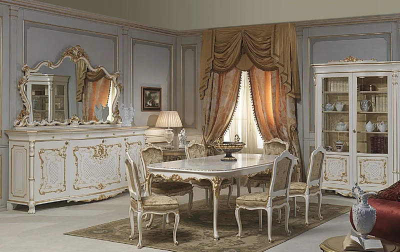 Casa Padrino Luxus Barock Esszimmer Set Weiß / Gold - 1 Esstisch & 6 Esszimmerstühle - Esszimmer Möbel im Barockstil - Hotel Restaurant Schloss Möbel - Luxus Qualität - Made in Italy