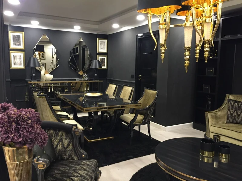 Casa Padrino Luxus Barock Esszimmer Set Gold / Schwarz - 1 Esstisch & 6 Esszimmerstühle - Edle Esszimmer Möbel im Barockstil - Luxus Qualität