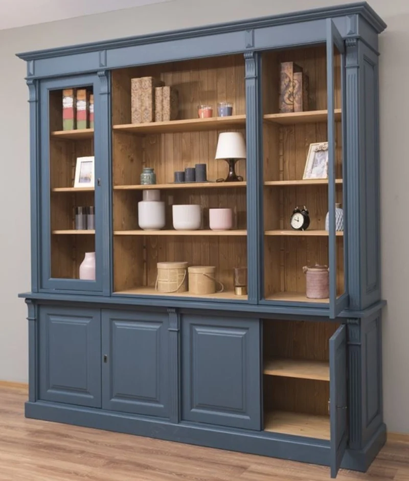 Casa Padrino Landhausstil Wohnzimmerschrank Blau / Naturfarben 223 x 51 x H. 228 cm - Massivholz Schrank - Bücherschrank - Regalschrank - Landhausstil Möbel