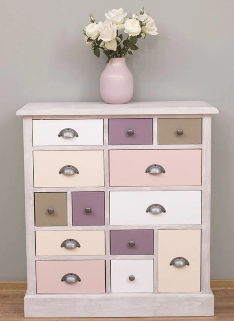 Casa Padrino Landhausstil Kommode Hellgrau / Mehrfarbig 90 x 35 x H. 97 cm - Massivholz Schrank mit 13 Schubladen - Landhausstil Möbel
