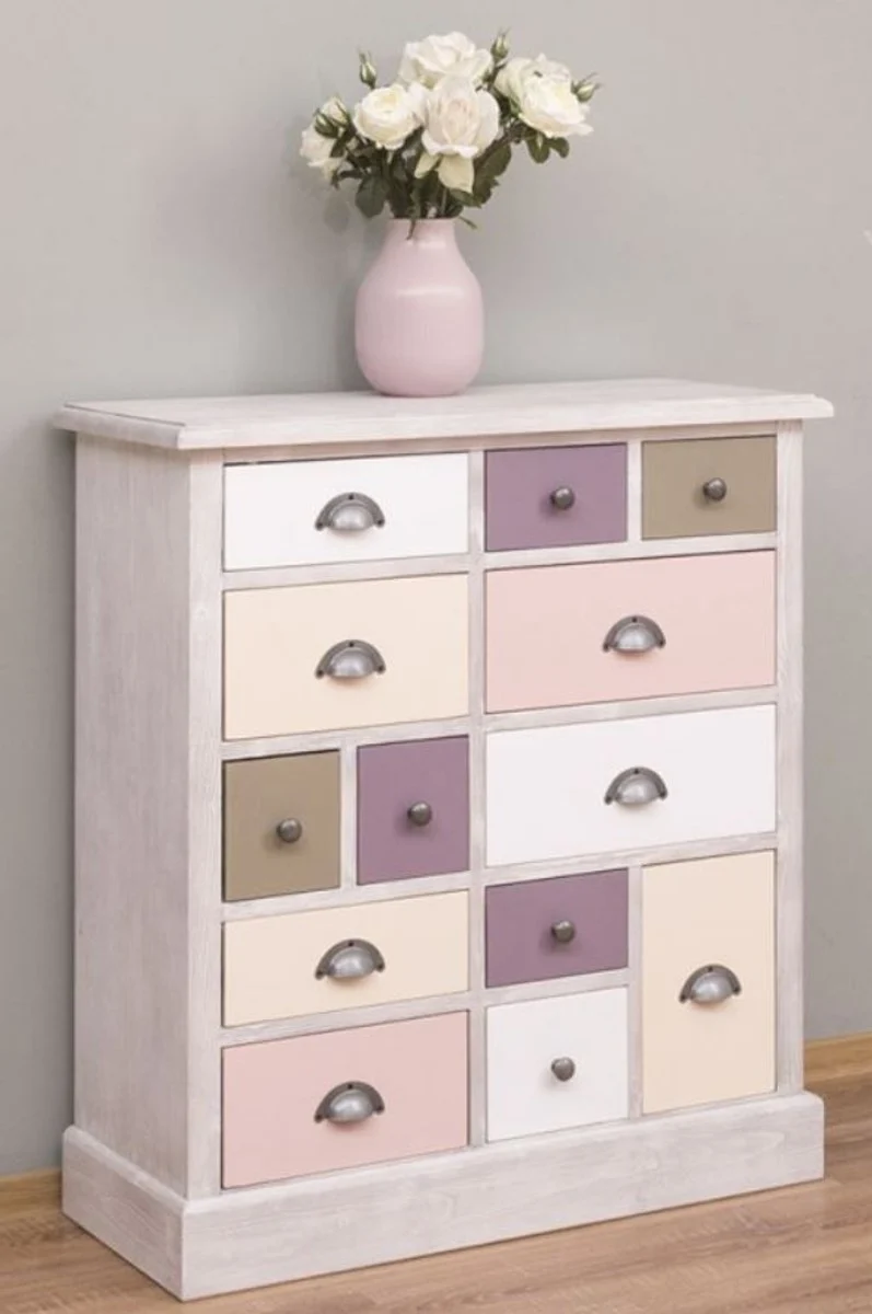 Casa Padrino Landhausstil Kommode Hellgrau / Mehrfarbig 90 x 35 x H. 97 cm - Massivholz Schrank mit 13 Schubladen - Landhausstil Möbel