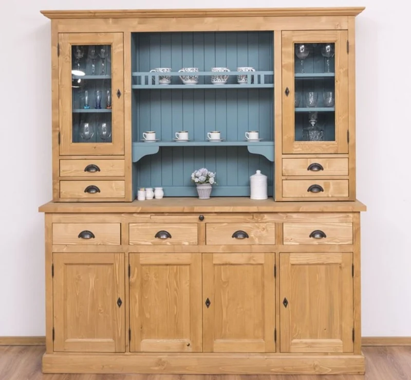 Casa Padrino Landhausstil Küchenschrank Naturfarben / Hellblau 180 x 50 x H. 197 cm - Massivholz Esszimmerschrank - Esszimmermöbel im Landhausstil