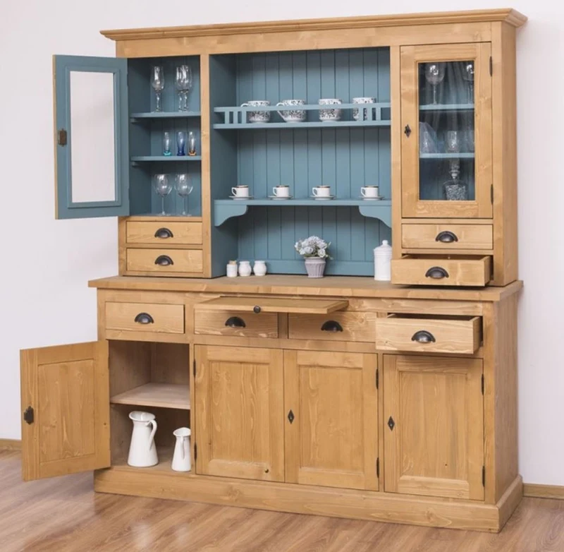 Casa Padrino Landhausstil Küchenschrank Naturfarben / Hellblau 180 x 50 x H. 197 cm - Massivholz Esszimmerschrank - Esszimmermöbel im Landhausstil