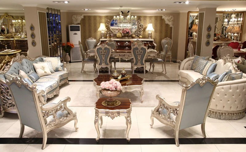 Casa Padrino Luxus Barock Wohnzimmer Set - 2 Sofas & 2 Sessel & 1 Couchtisch & 2 Beistelltische - Wohnzimmer Möbel im Barockstil - Edel & Prunkvoll