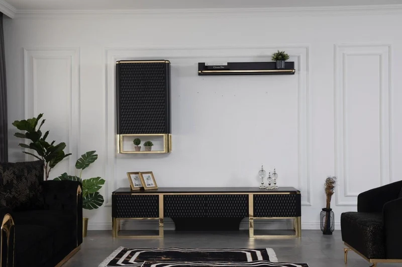 Casa Padrino Luxus TV Schrank Schwarz / Gold 220 x 50 x H. 53 cm - Edler Wohnzimmer Fernsehschrank - Luxus Wohnzimmer Möbel