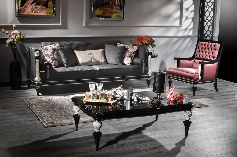 Casa Padrino Luxus Barock Couchtisch Schwarz / Silber - Handgefertigter Massivholz Wohnzimmertisch im Barockstil - Barock Wohnzimmer Möbel
