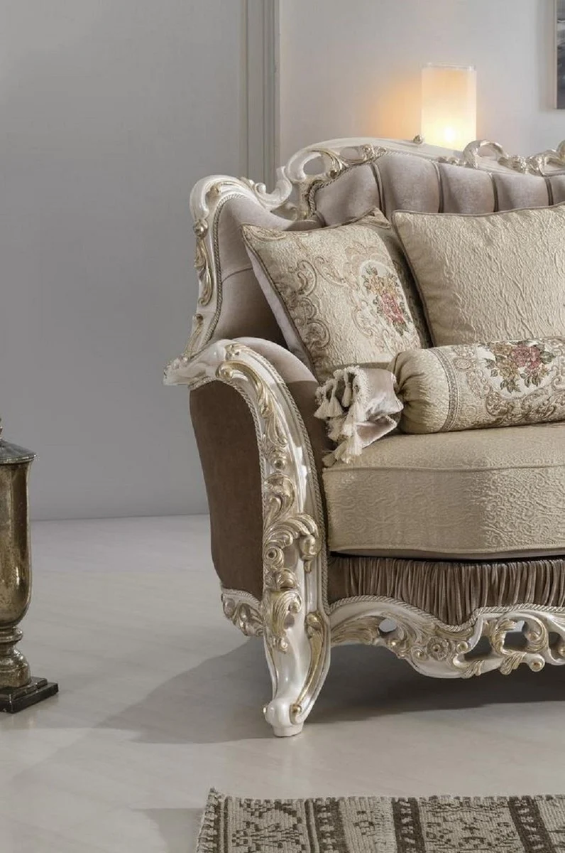 Casa Padrino Luxus Barock Wohnzimmer Sofa mit dekorativen Kissen Braun / Beige / Weiß / Gold 240 x 90 x H. 120 cm - Edle Barock Wohnzimmer Möbel