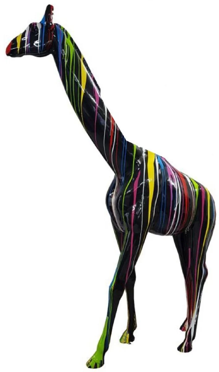 Casa Padrino Designer Deko Skulptur Giraffe Schwarz / Mehrfarbig H. 320 cm - Riesige Dekofigur - Lebensgroße Tierfigur - Wetterbeständige Gartendeko Figur