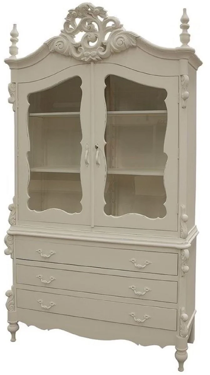 Casa Padrino Luxus Landhausstil Küchenschrank Antik Cremefarben 150 x 60 x H. 255 cm - Handgefertigter Massivholz Schrank mit 2 Glastüren und 3 Schubladen - Landhausstil Küchen Möbel - Luxus Qualität