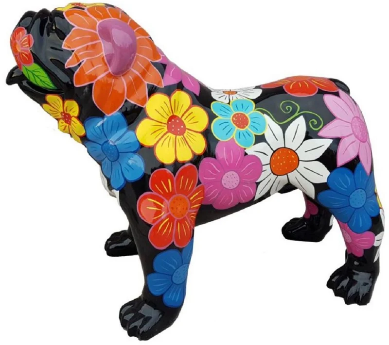 Casa Padrino Designer Dekofigur Hund Bulldogge Schwarz / Mehrfarbig 90 x H. 74 cm - Wetterbeständige Deko Skulptur - Wohnzimmer Deko - Garten Deko