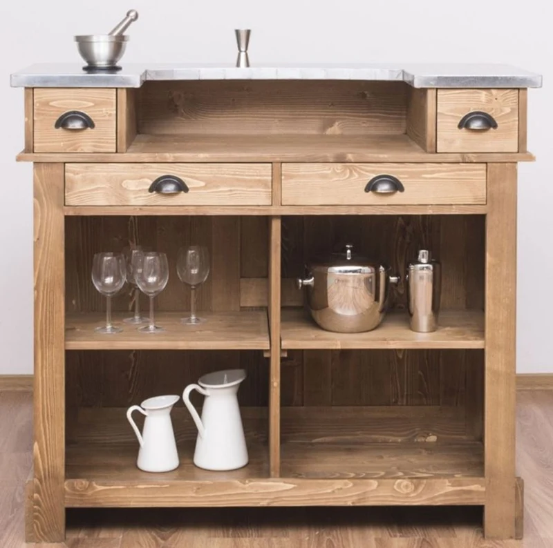 Casa Padrino Landhausstil Theke Naturfarben / Silber 120 x 65 x H. 107 cm - Massivholz Thekentisch mit verzinkter Tischplatte - Barmöbel im Landhausstil