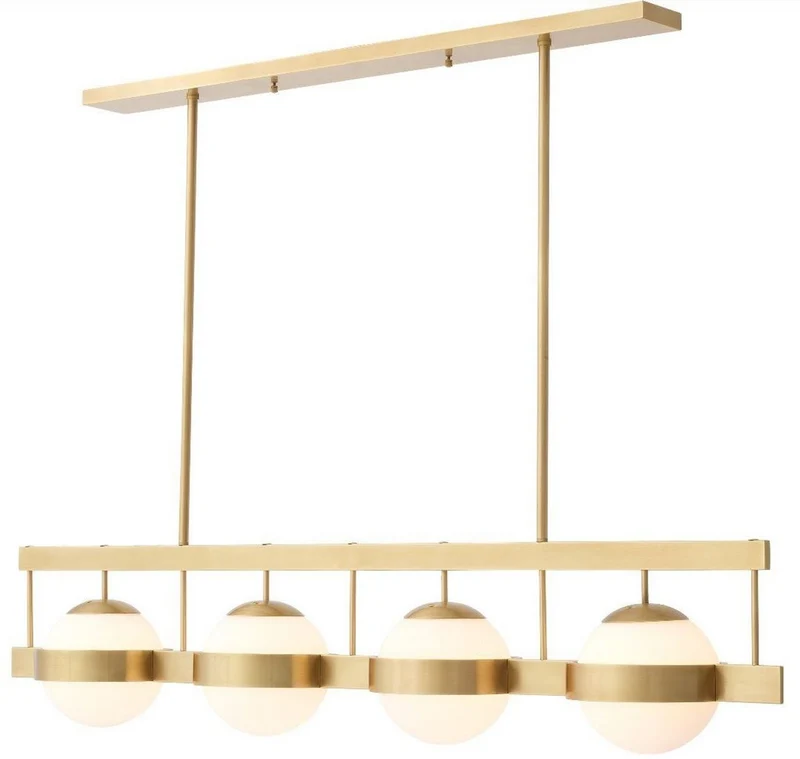 Casa Padrino Luxus Kronleuchter Antik Messingfarben / Weiß 140 x 22 x H. 30 cm - Moderner Metall Kronleuchter mit runden Glas Lampenschirmen - Luxus Kollektion
