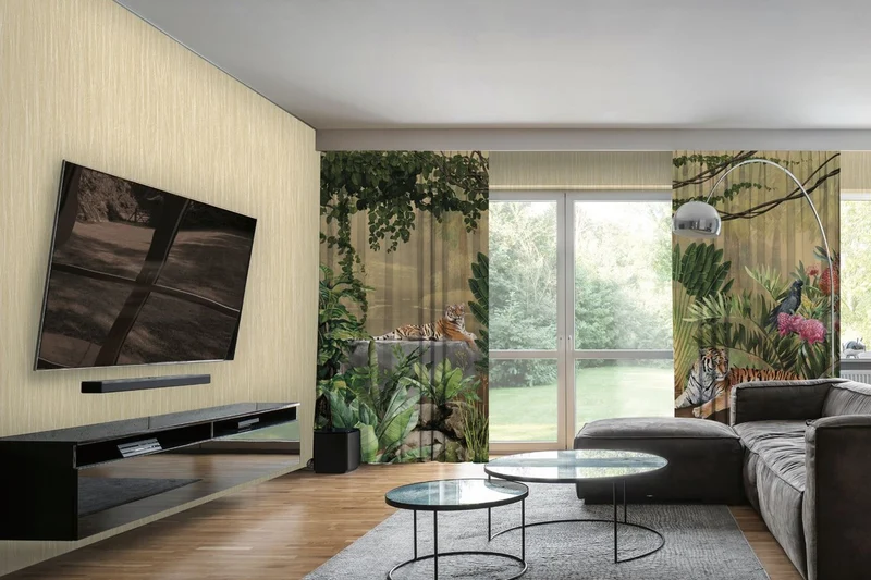 Casa Padrino Luxus Vorhang Set Dschungel & Tiger Mehrfarbig 250 x H. 290 cm - Bedruckte Leinen & Samt Vorhänge - Ösenvorhänge - Schiebevorhänge - Wohnzimmer Schlafzimmer Vorhänge