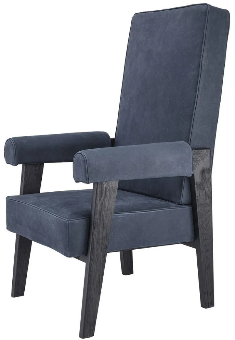 Casa Padrino Luxus Echtleder Hochlehnsessel Blau / Schwarz 70 x 78 x H. 123 cm - Wohnzimmer Sessel mit edlem Büffelleder - Luxus Möbel