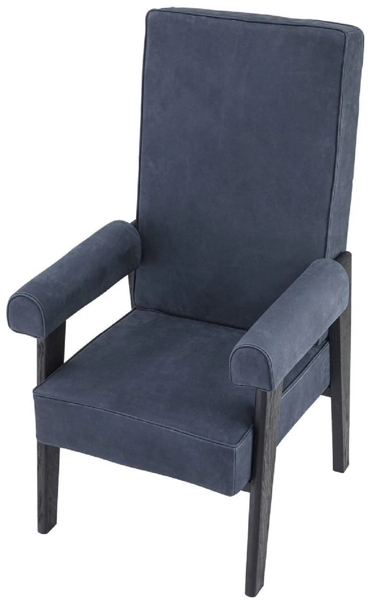 Casa Padrino Luxus Echtleder Hochlehnsessel Blau / Schwarz 70 x 78 x H. 123 cm - Wohnzimmer Sessel mit edlem Büffelleder - Luxus Möbel