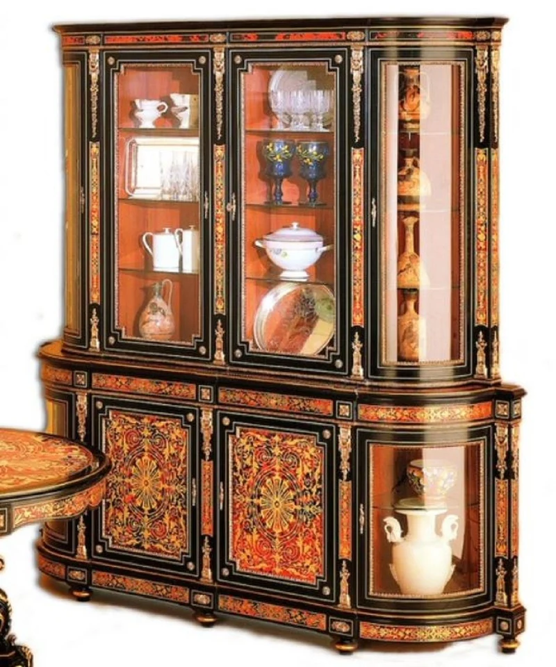 Casa Padrino Luxus Barock Boulle Esszimmerschrank Schwarz / Rot / Gold 228 x 49 x H. 237 cm - Handgefertigter Massivholz Schrank - Barock Esszimmer Küchen Möbel - Edel & Prunkvoll