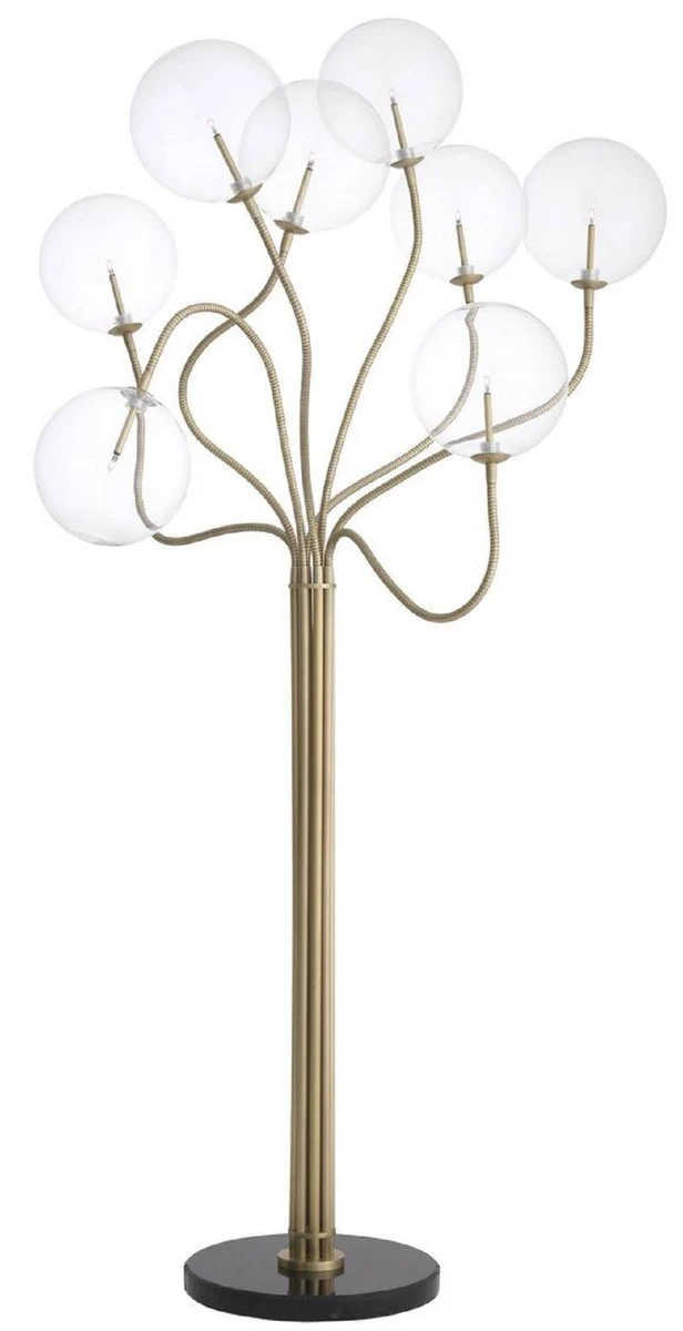 Casa Padrino Luxus Halogen Stehleuchte Antik Messingfarben / Schwarz Ø 70 x H. 170 cm - Dimmbare Metall Stehlampe mit runden Glas Lampenschirmen und Marmorfuß - Luxus Kollektion