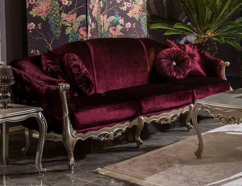 Casa Padrino Luxus Barock Wohnzimmer Sofa Purpur / Silber 250 x 83 x H. 101 cm - Edles Massivholz Sofa mit dekorativen Kissen - Wohnzimmer Möbel im Barockstil