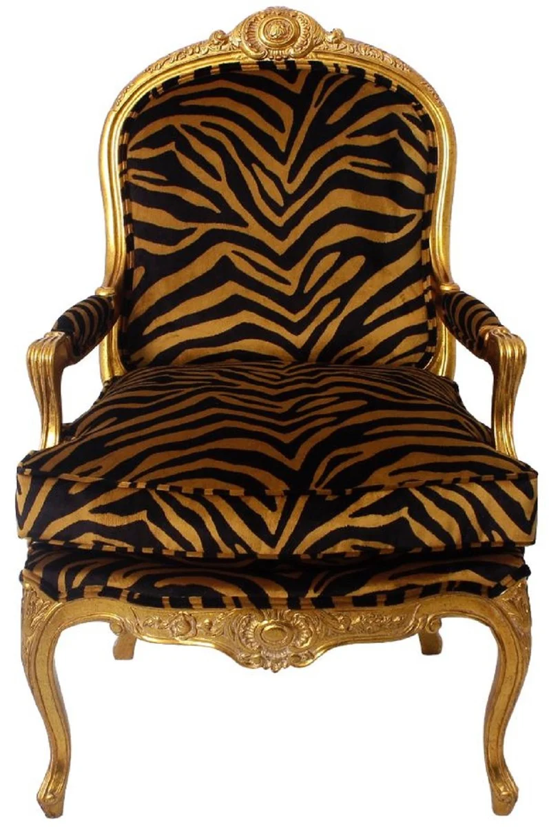 Casa Padrino Luxus Barock Sessel Gold / Schwarz / Gold 69 x 77 x H. 108 cm - Edler Mahagoni Wohnzimmer Sessel mit elegantem Tiger Muster - Barock Möbel