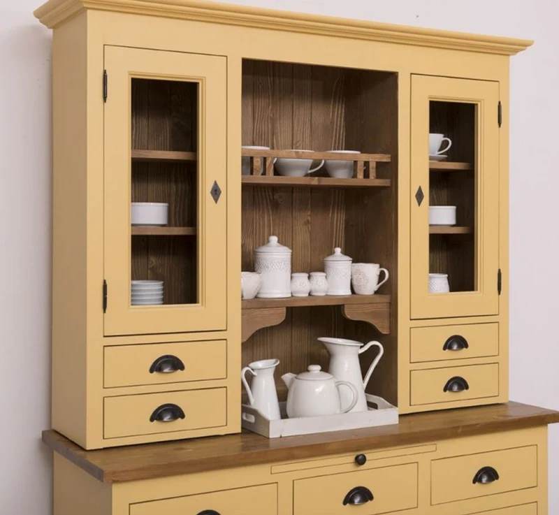 Casa Padrino Landhausstil Küchenschrank Gelb / Braun 137 x 50 x H. 197 cm - 2 Teiliger Küchenschrank mit 5 Türen und 7 Schubladen - Landhausstil Küchenmöbel